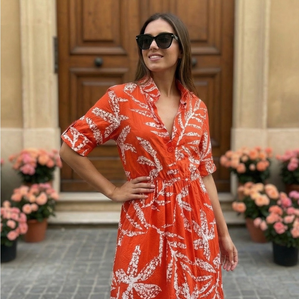 DKNY Orange and White Floral Midi Dress